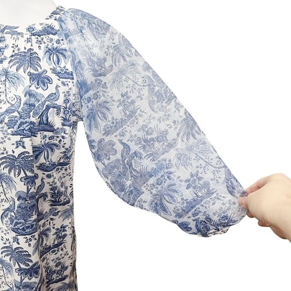 STAUD Garden Shift Dress Blue Toile Chinoiserie Women’s Size Small Sheer Sleeve - Picture 6 of 10